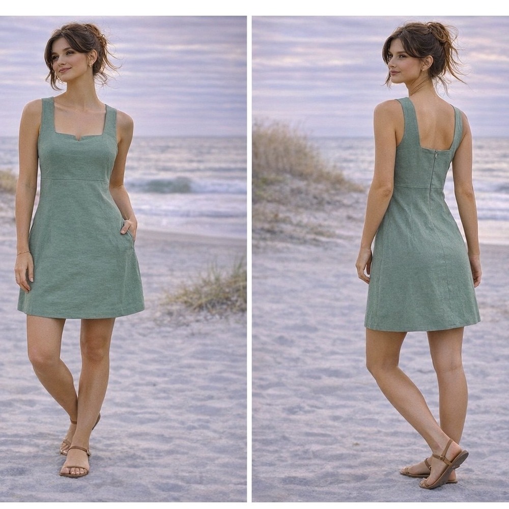 A‎ Fortiori Sage Green Linen Blend Sheath Dress Notch Neck Sleeveless Size 9/10